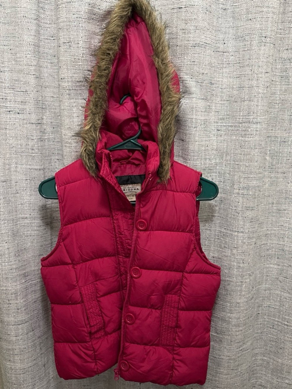 Arizona Jean Company Pink Puffer Vest with Faux Fur Hood